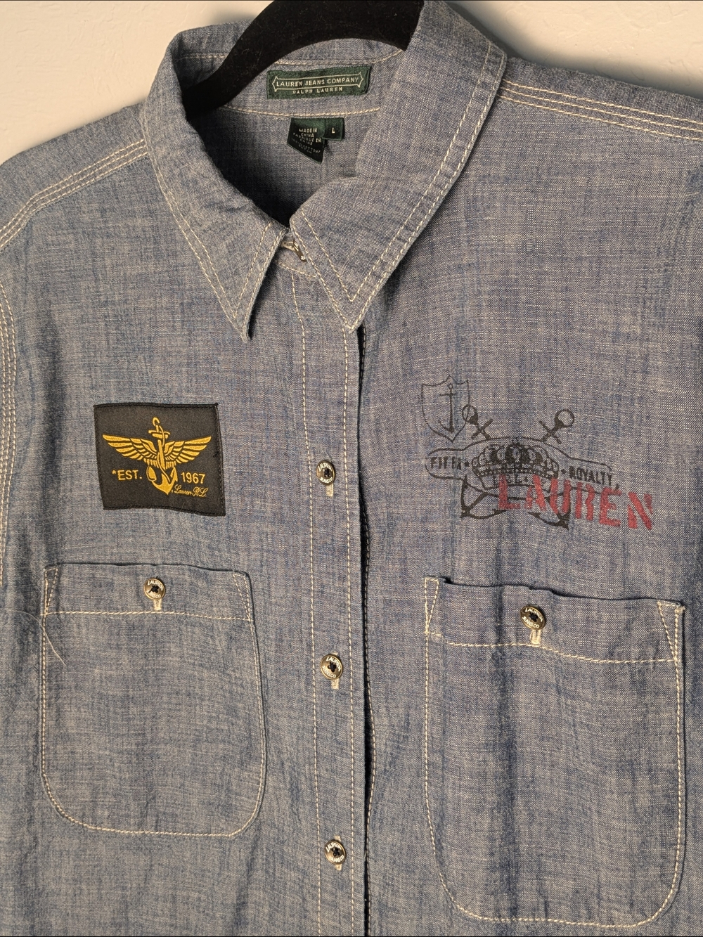 Ralph Lauren Blue L Chambray Workshirt Nautical Coastal Grandma Preppy Military